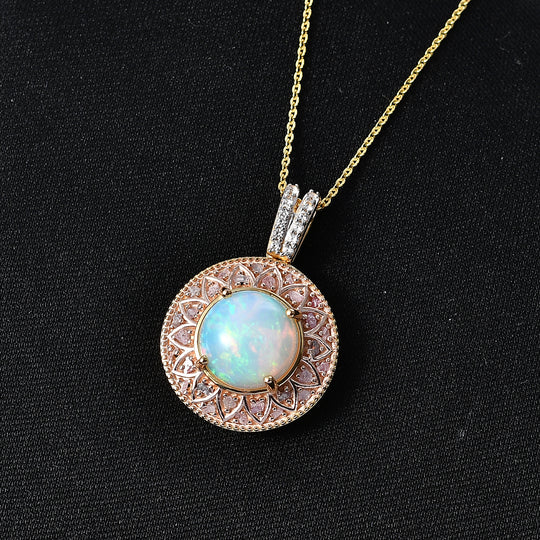D'Joy AAA Natürlicher, äthiopischer Welo Opal, Natürlicher Rosa Diamant Schmuckset ca. 50 cm 925 Silber 750 Gelbgold vermeil ca. 3.70 ct