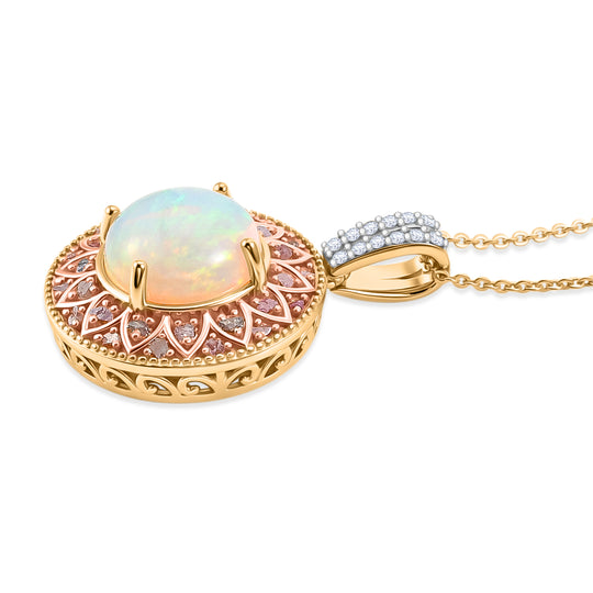 D'Joy AAA Natürlicher, äthiopischer Welo Opal, Natürlicher Rosa Diamant Schmuckset ca. 50 cm 925 Silber 750 Gelbgold vermeil ca. 3.70 ct