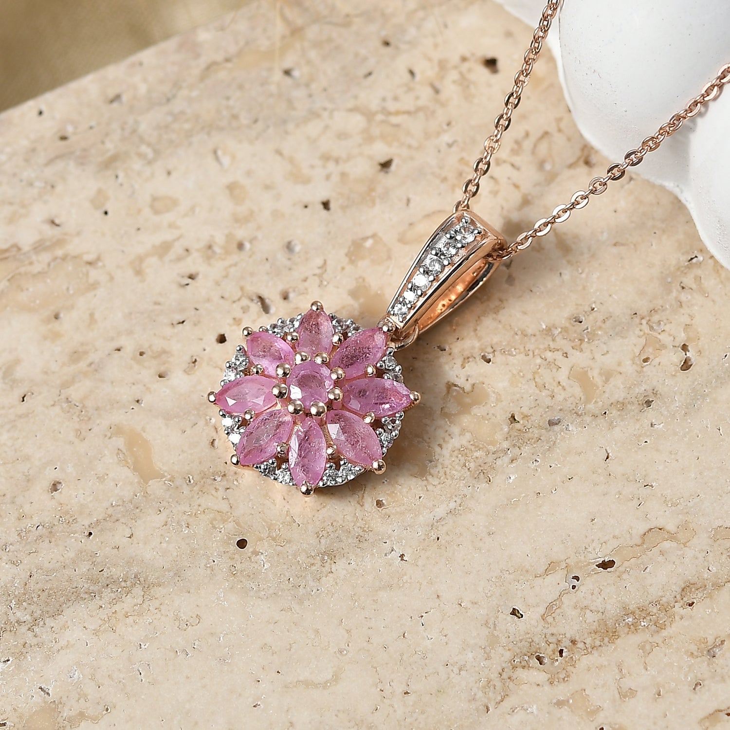 D'Joy Ilakaka Rosa Saphir (Fissure gefüllt) Schmuckset ca. 50 cm 925 Silber 750 Roségold vermeil ca. 2.10 ct