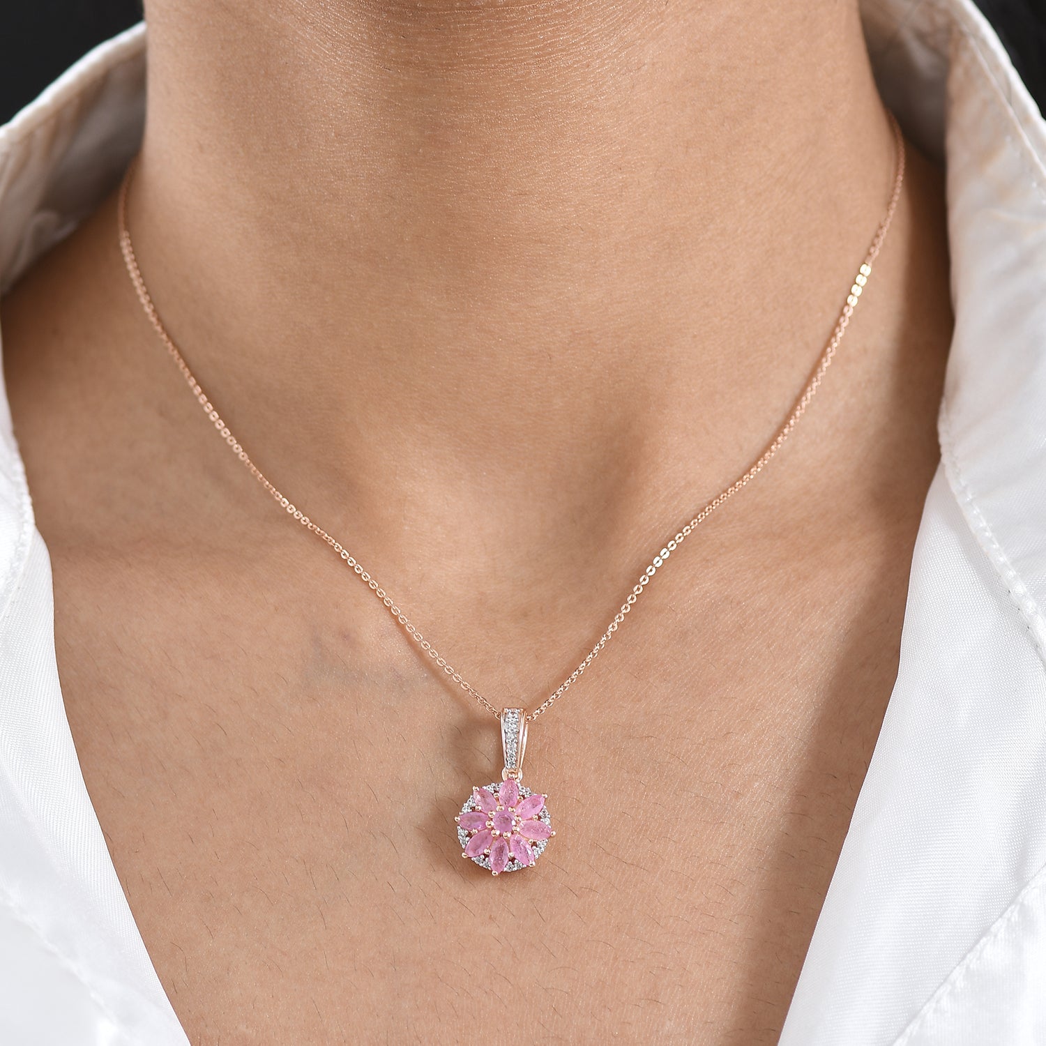 D'Joy Ilakaka Rosa Saphir (Fissure gefüllt) Schmuckset ca. 50 cm 925 Silber 750 Roségold vermeil ca. 2.10 ct