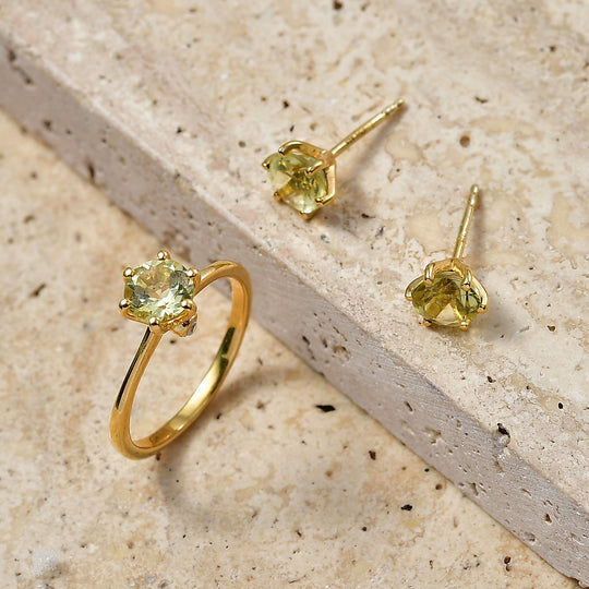 2er Set - D'Joy Ouro Verde-Quarz Ring und Ohrringe, 925 Silber 750 Vergoldet (Größe 18.00) ca. 2,37 ct.