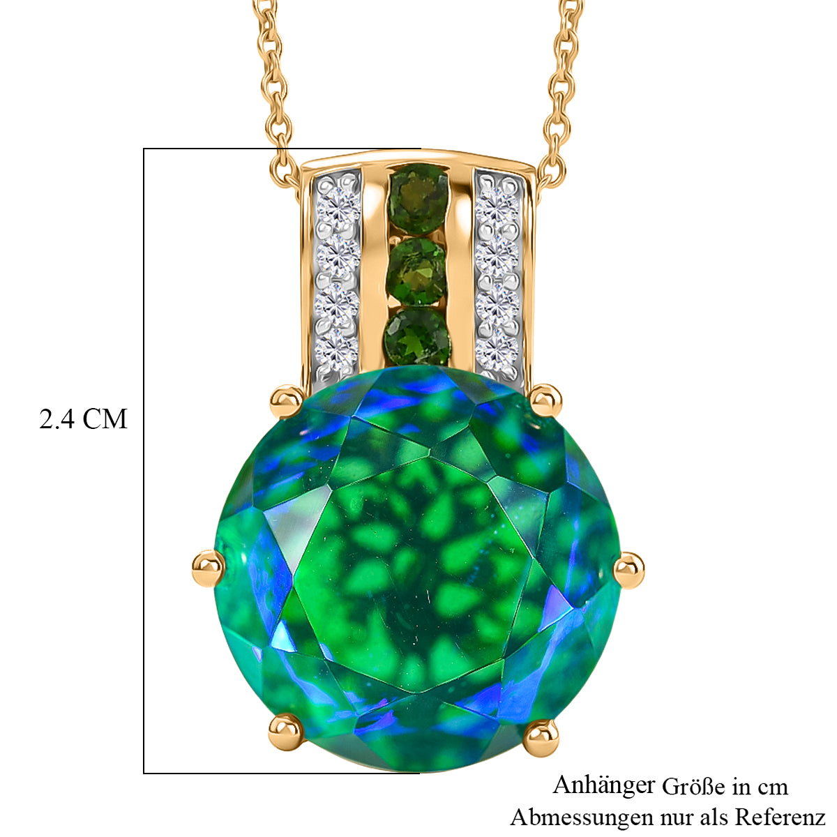 D'Joy Pfau Quarz Triplette, Natürlicher Chromdiopsid Anhänger mit Kette, ca. 50 cm 925 Silber 750 Gelbgold vermeil ca. 10,74 ct.