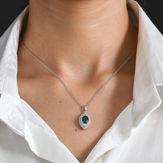 D'Joy AA Natürlicher Chromdiopsid, Moissanit AGI zertifiziert Schmuckset ca. 50 cm 925 Silber Rhodiniert ca. 3,24 ct.
