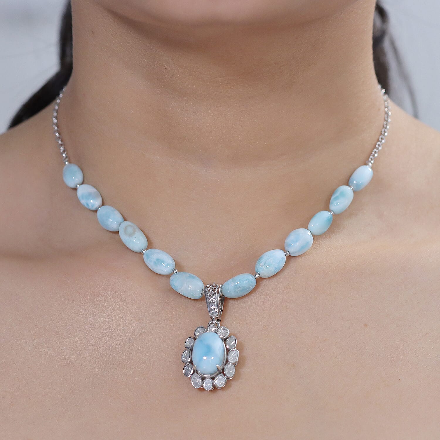 AAA Larimar Schmuckset ca. 50 cm 925 Silber Rhodiniert ca. 63,00 ct.