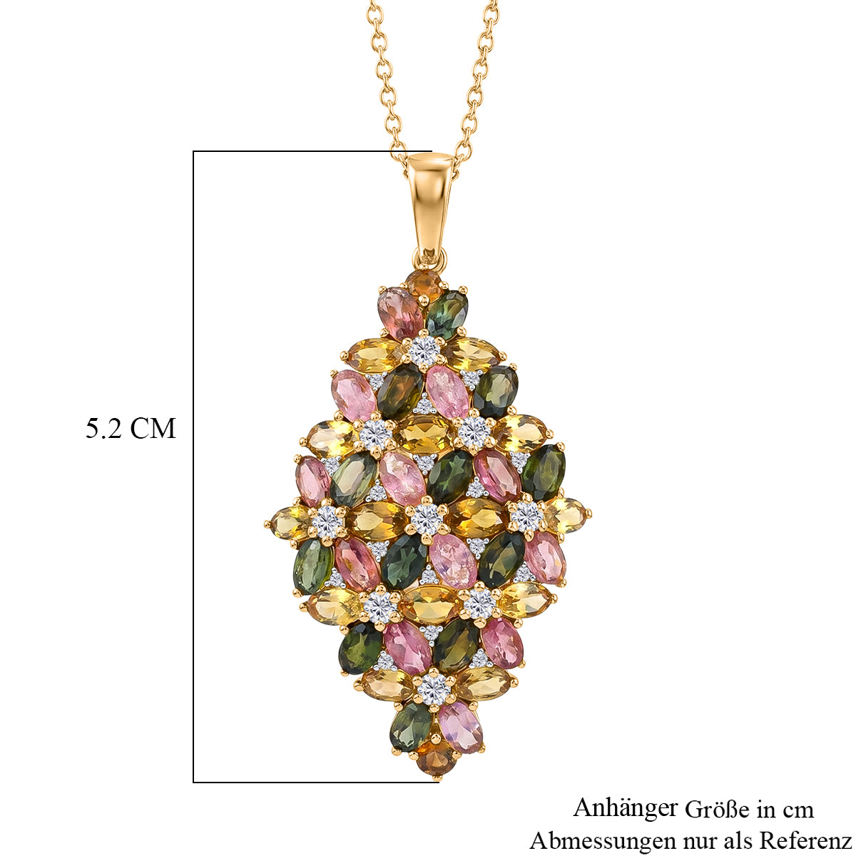 D'Joy AA Multi-Turmalin und Zirkon Cluster Anhänger mit 45cm Kette, 925 Silber 750 Gelbgold Vermeil - 10,03 ct.