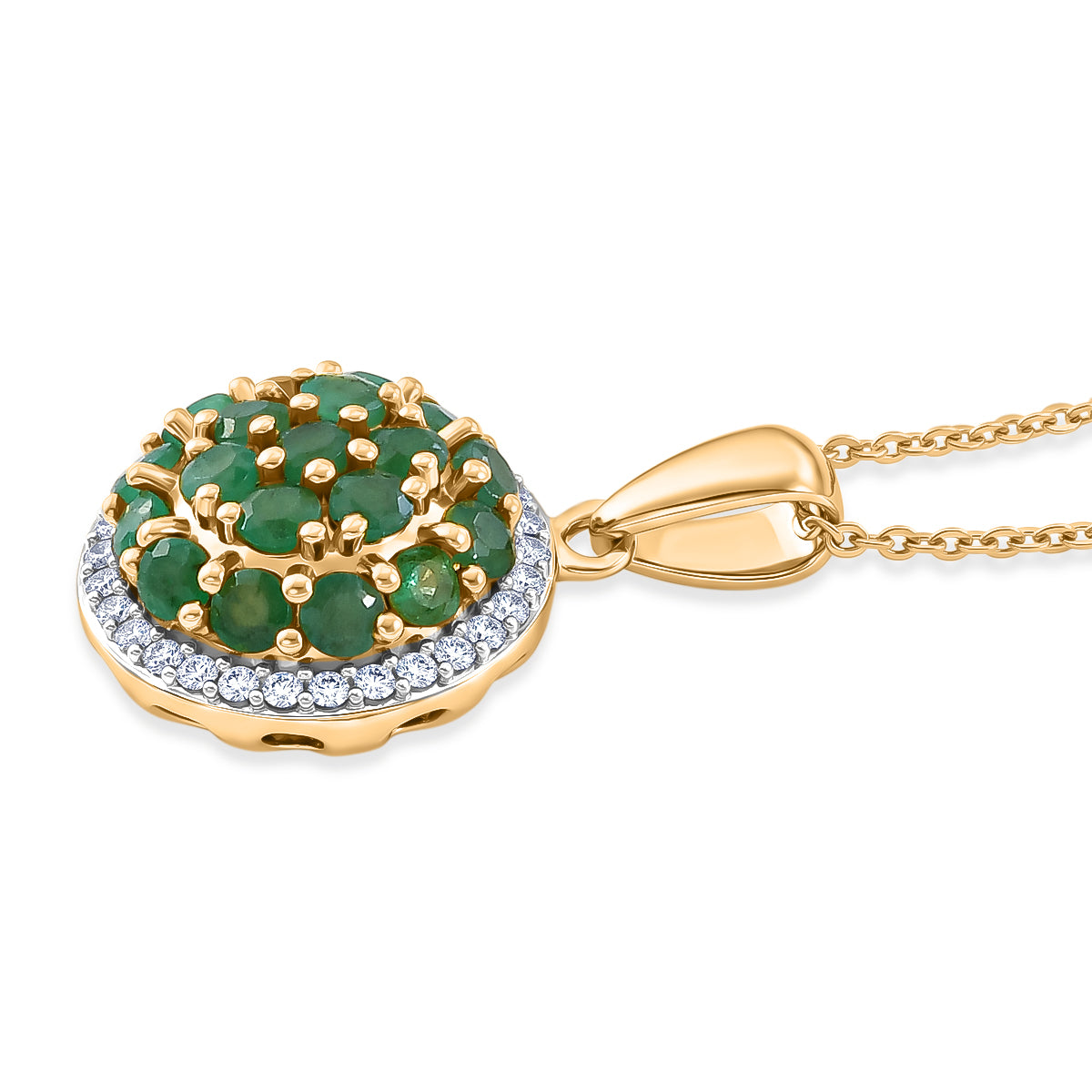D'Joy Socoto Smaragd und Zirkon floraler Halo Anhänger mit 50cm Kette, 925 Silber 750 Gelbgold Vermeil - 1,76 ct.