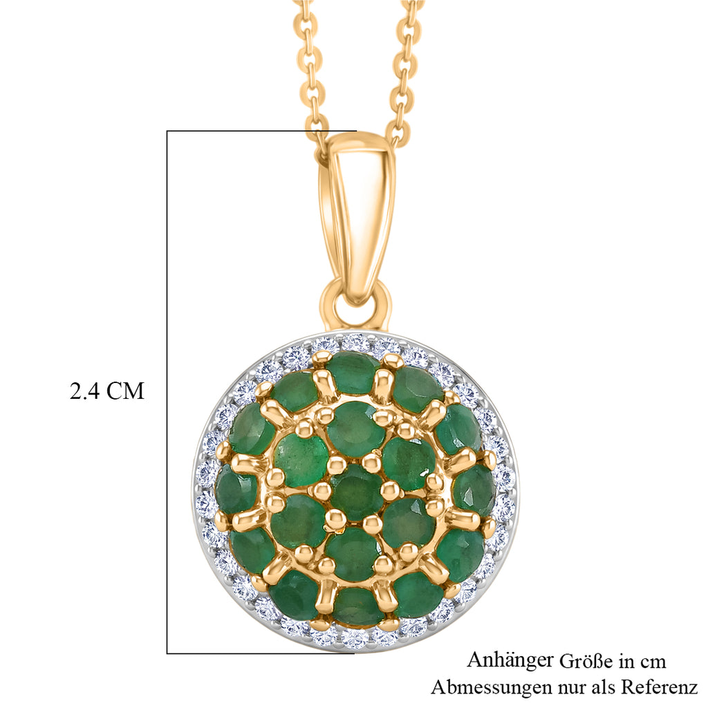 D'Joy Socoto Smaragd und Zirkon floraler Halo Anhänger mit 50cm Kette, 925 Silber 750 Gelbgold Vermeil - 1,76 ct.