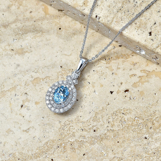 D'Joy AA Santamaria Aquamarin, Moissanit AGI zertifiziert Schmuckset ca. 50 cm 925 Silber Rhodiniert ca. 1,44 ct.