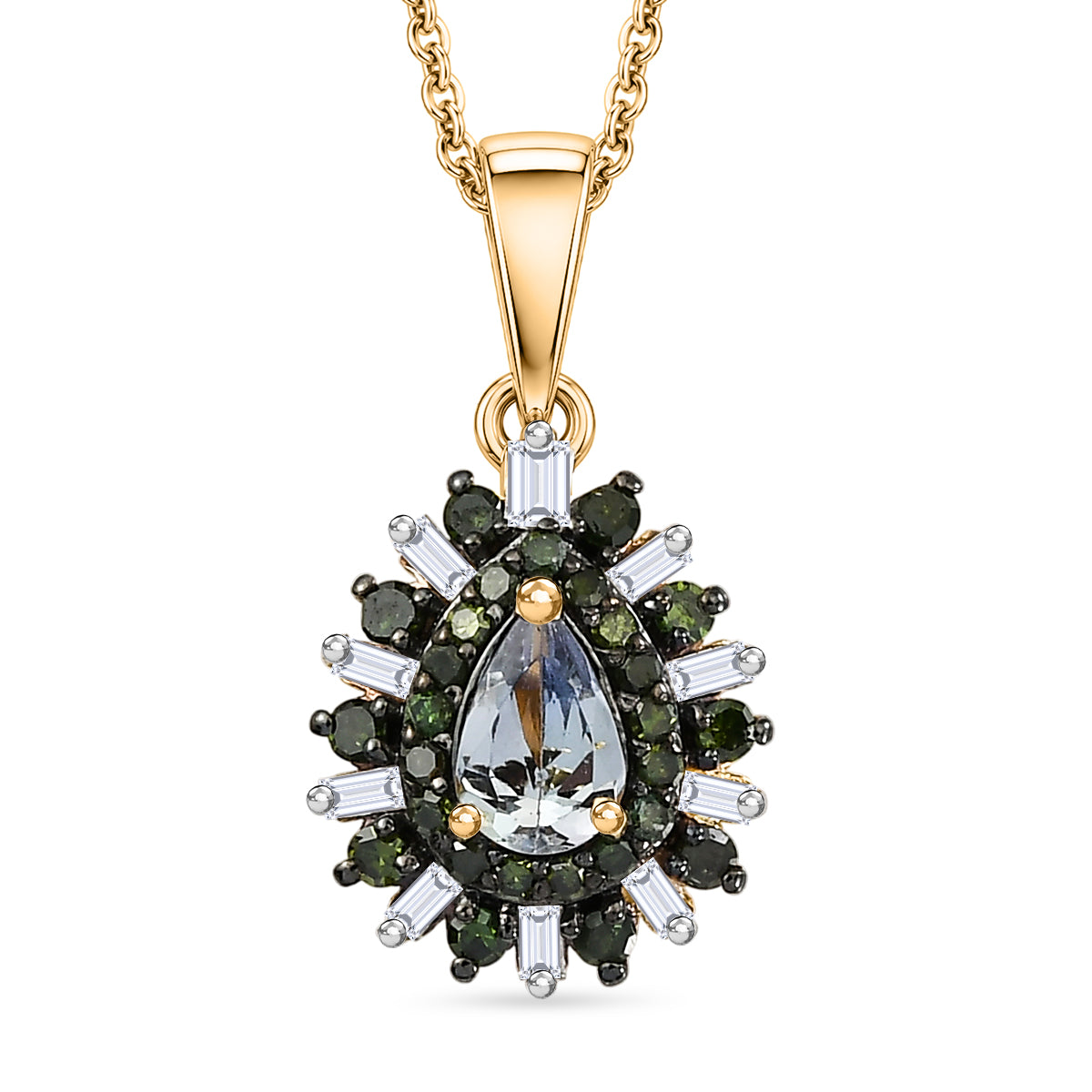 D'Joy Grüner Tansanit, Grüner Diamant Schmuckset ca. 50 cm 925 Silber 750 Gelbgold vermeil ca. 0,79 ct.