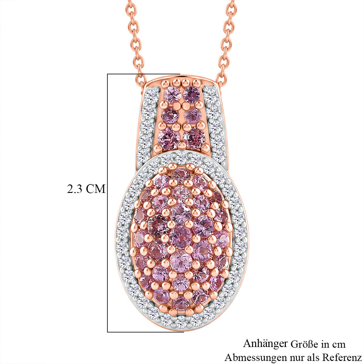 D'Joy Rosa Saphir und Zirkon Anhänger mit 50cm Kette, 925 Silber 750 Roségold Vermeil - 1,51 ct.