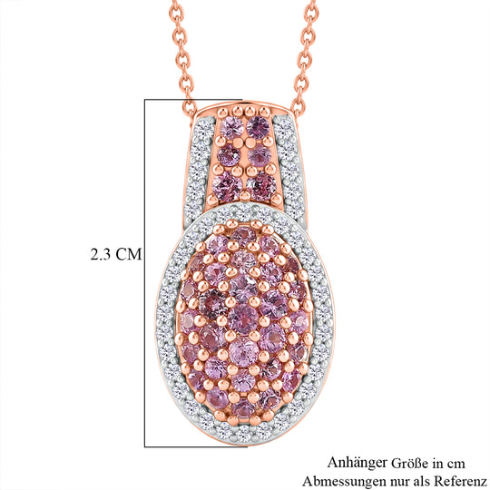 D'Joy Rosa Saphir und Zirkon Anhänger mit 50cm Kette, 925 Silber 750 Roségold Vermeil - 1,51 ct.