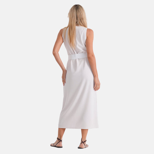 LA MAREY langes Sommerkleid mit Stretchgürtel, Einheitsgröße, passend für EU 36 bis 42, Länge 132 cm, Weiß