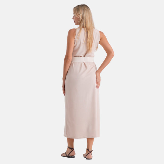 LA MAREY langes Strickkleid mit Stretchgürtel, Einheitsgröße, passend für EU 36 bis 42, Länge 132 cm, Beige