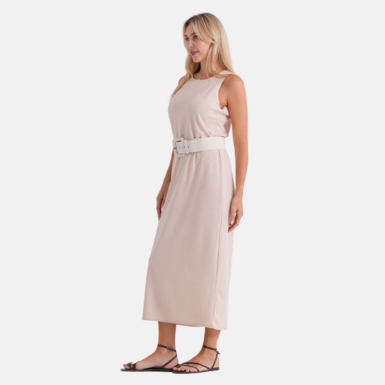 LA MAREY langes Strickkleid mit Stretchgürtel, Einheitsgröße, passend für EU 36 bis 42, Länge 132 cm, Beige