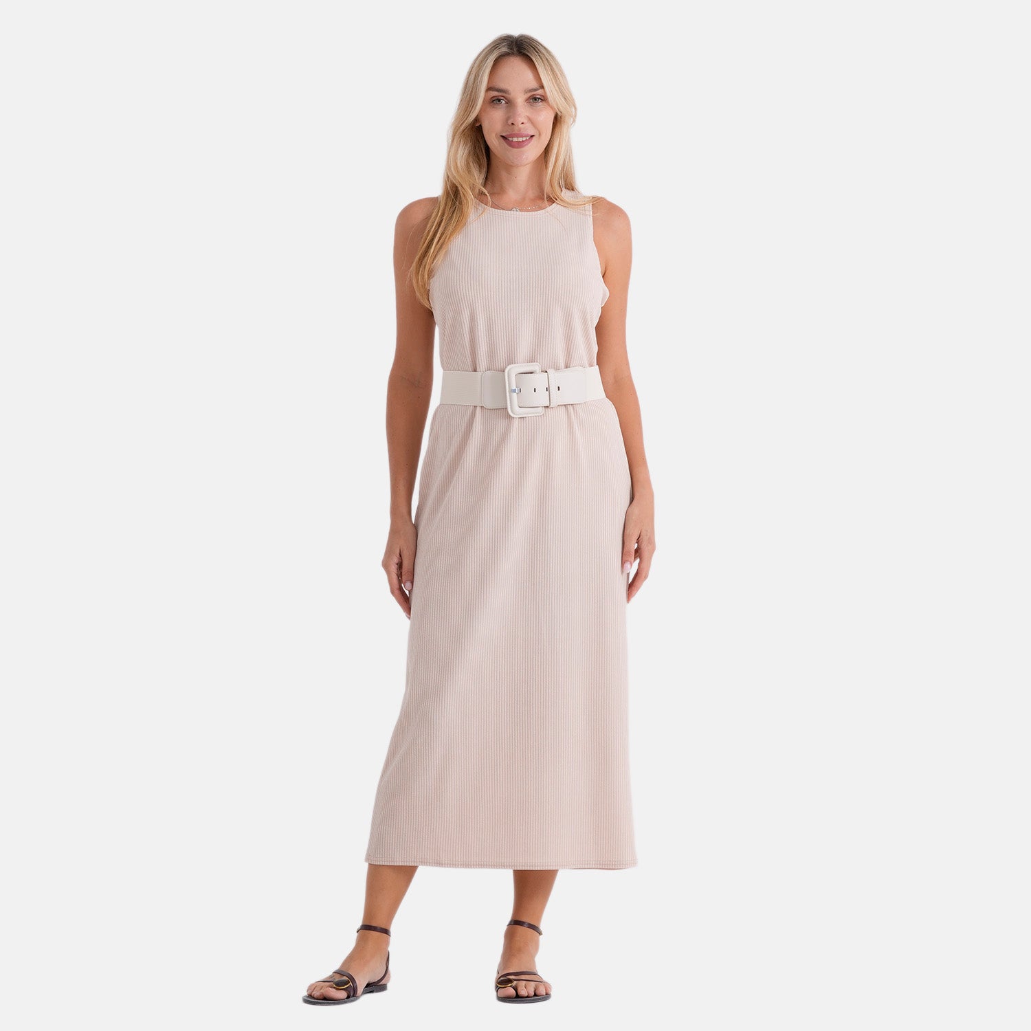 LA MAREY langes Strickkleid mit Stretchgürtel, Einheitsgröße, passend für EU 36 bis 42, Länge 132 cm, Beige