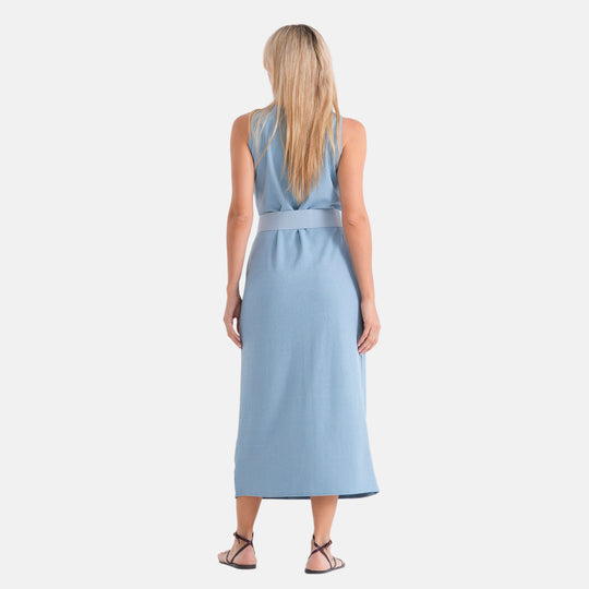 LA MAREY langes Strickkleid mit Stretchgürtel, Einheitsgröße, passend für EU 36 bis 42, Länge 132 cm, Hellblau