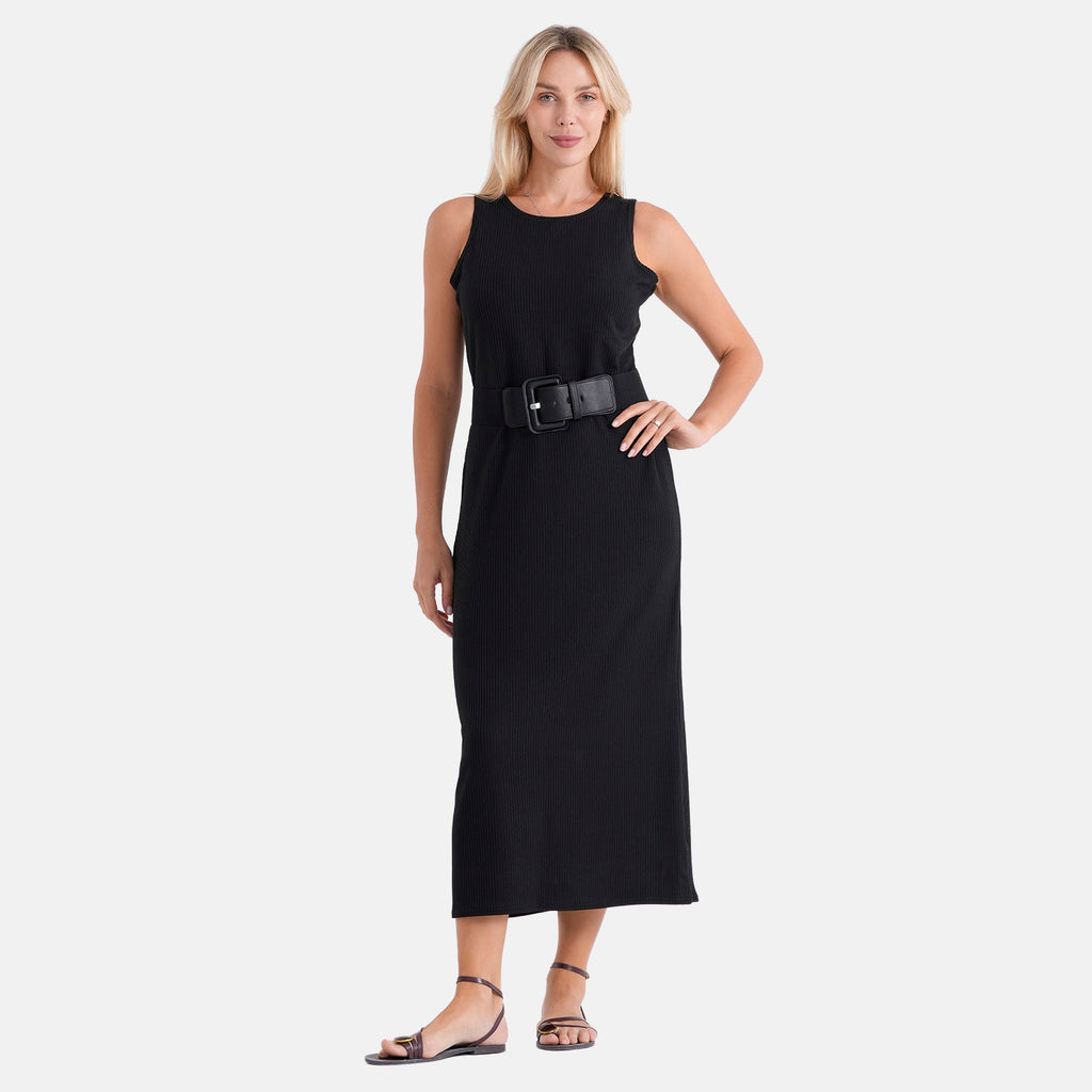 LA MAREY langes Sommerkleid mit Stretchgürtel, Einheitsgröße, passend für EU 36 bis 42, Länge 132 cm, Schwarz