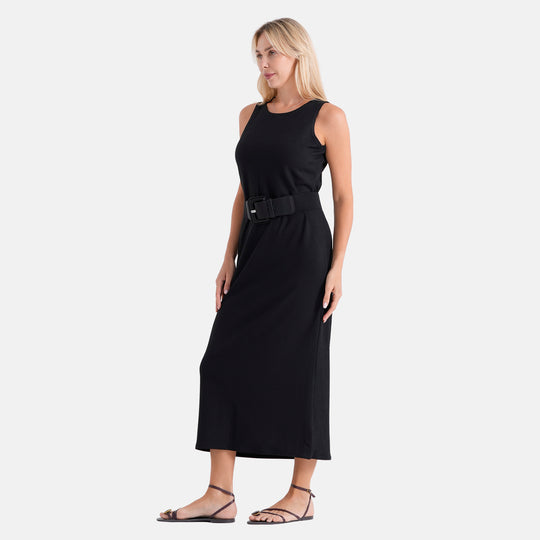 LA MAREY langes Sommerkleid mit Stretchgürtel, Einheitsgröße, passend für EU 36 bis 42, Länge 132 cm, Schwarz