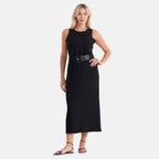 LA MAREY langes Sommerkleid mit Stretchgürtel, Einheitsgröße, passend für EU 36 bis 42, Länge 132 cm, Schwarz