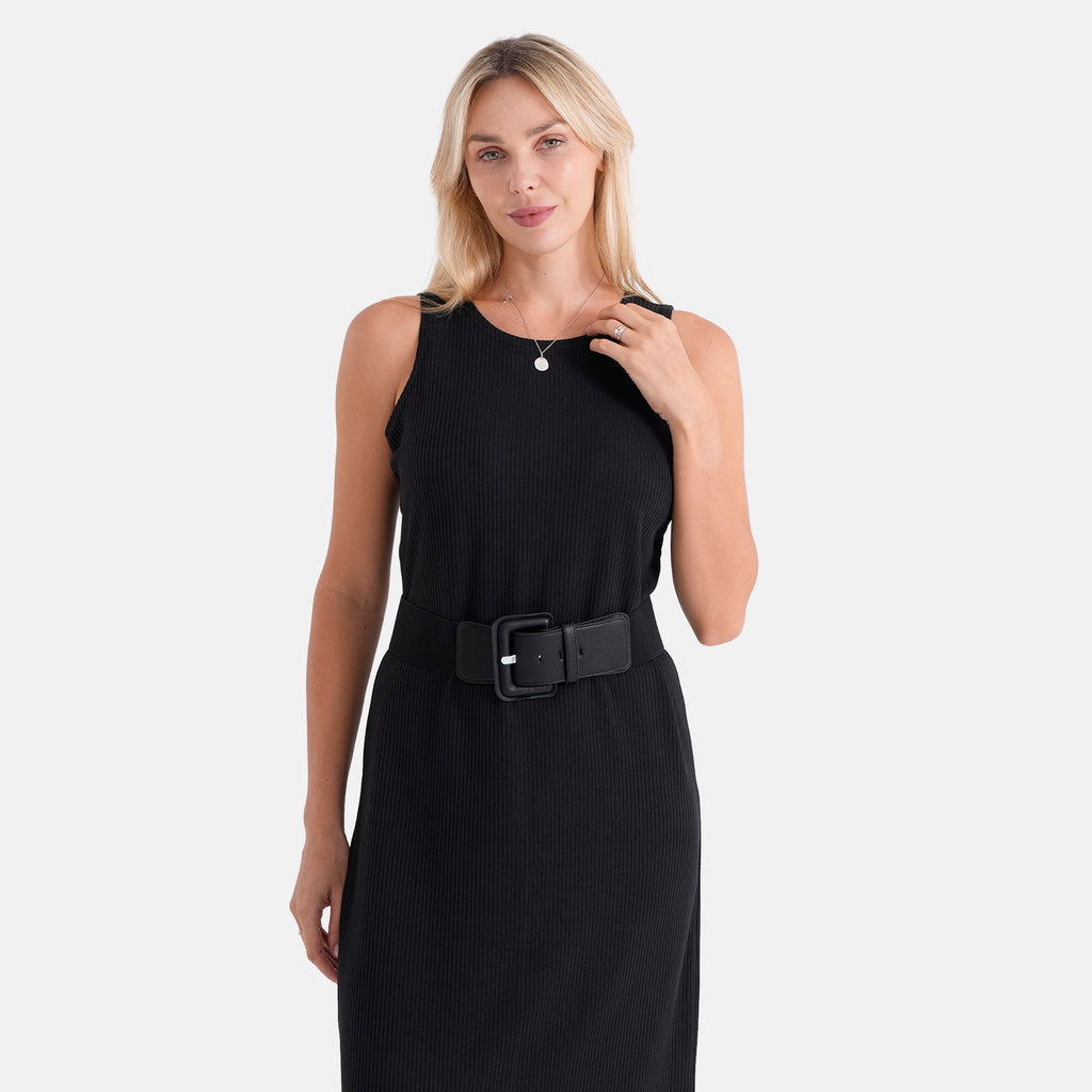 LA MAREY langes Sommerkleid mit Stretchgürtel, Einheitsgröße, passend für EU 36 bis 42, Länge 132 cm, Schwarz