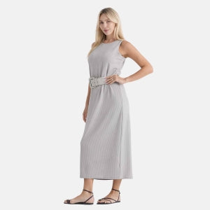 LA MAREY langes Strickkleid mit Stretchgürtel, Einheitsgröße, passend für EU 36 bis 42, Länge 132 cm, Grau