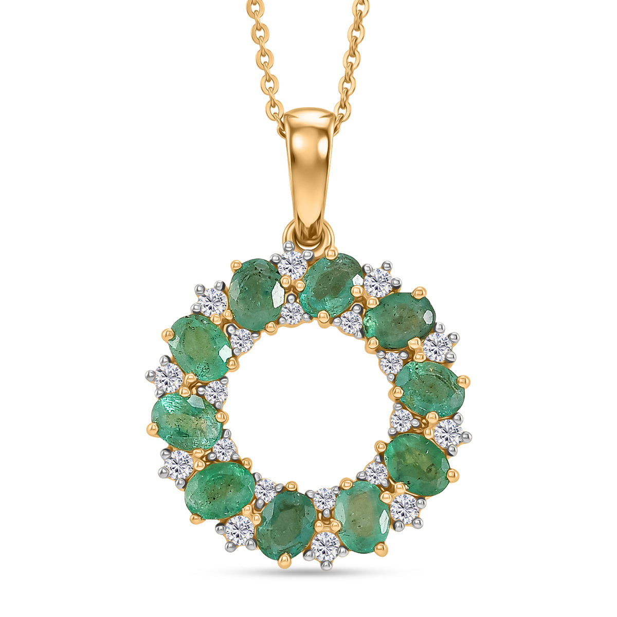 D'Joy AAA Kagem Sambischer Smaragd, Weißer Zirkon Schmuckset ca. 50 cm 925 Silber 750 Gelbgold vermeil ca. 2,00 ct.