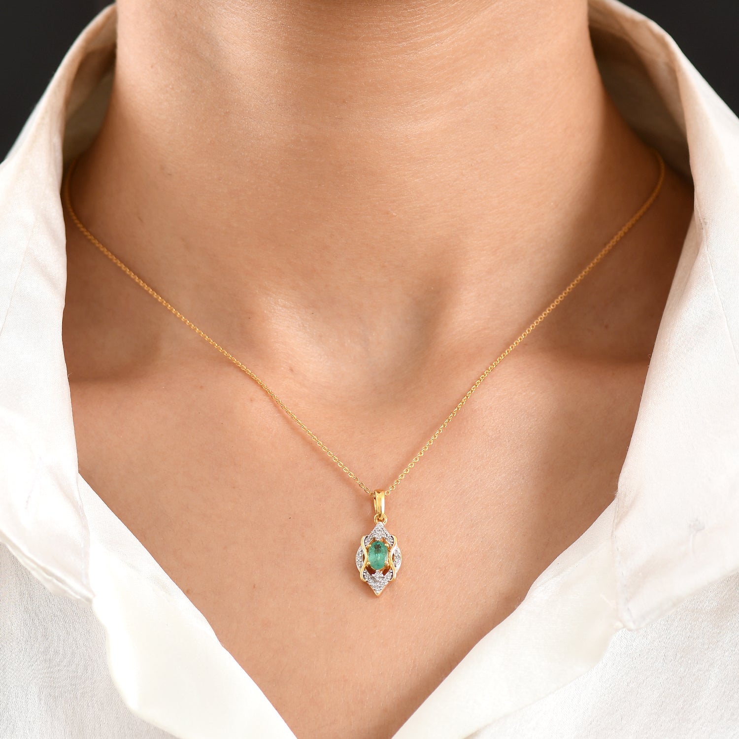 D'Joy AAA Kagem Sambischer Smaragd, Weißer Zirkon Schmuckset ca. 50 cm 925 Silber 750 Gelbgold vermeil ca. 0.63 ct