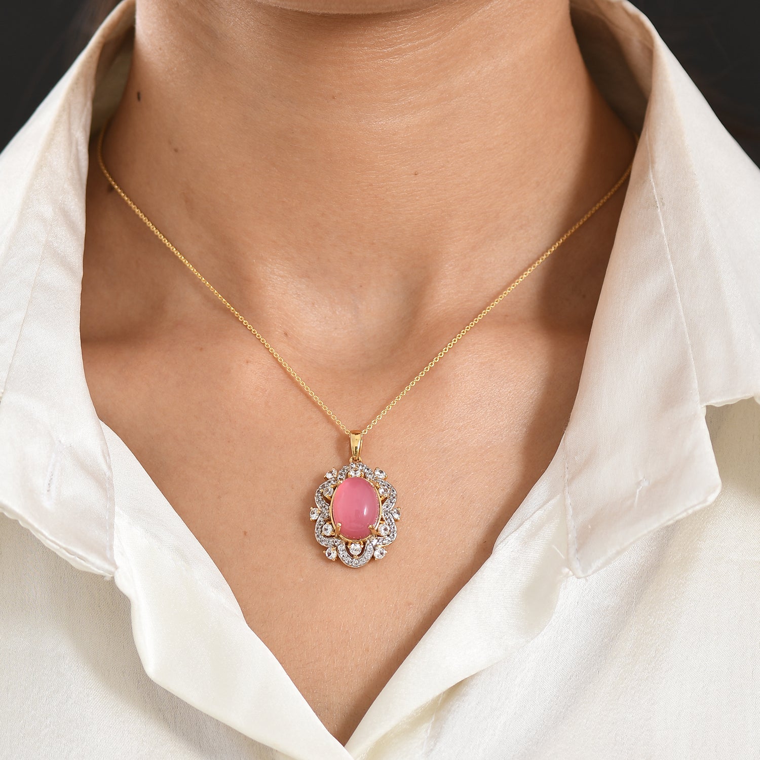 D'Joy Flamingo Mondstein, Weißer Zirkon Anhänger mit Kette, ca. 50 cm 925 Silber 750 Gelbgold vermeil ca. 8.77 ct