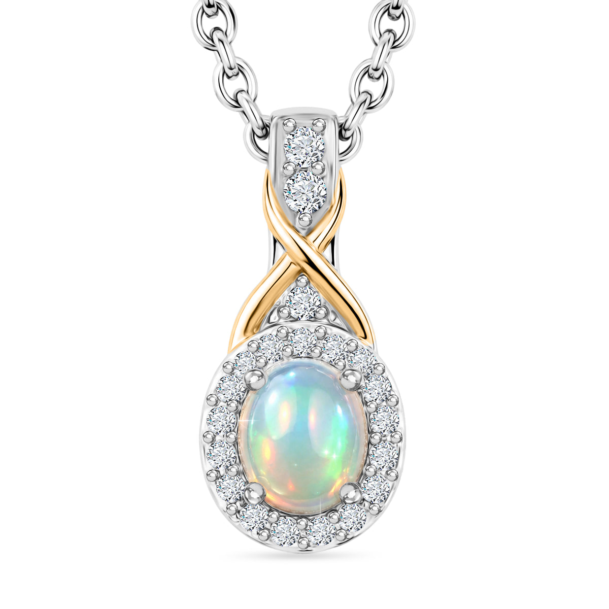 D'Joy AA Natürlicher, äthiopischer Welo Opal, Weißer Zirkon Schmuckset ca. 50 cm 925 Silber Platiniert und vergoldet und Edelstahl Platiniert ca. 0,39 ct.