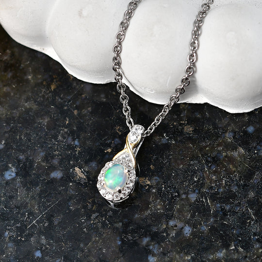 D'Joy AA Natürlicher, äthiopischer Welo Opal, Weißer Zirkon Schmuckset ca. 50 cm 925 Silber Platiniert und vergoldet und Edelstahl Platiniert ca. 0,39 ct.