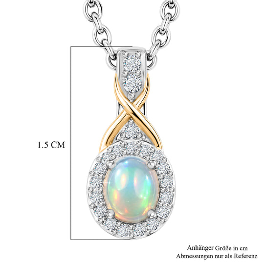 D'Joy AA Natürlicher, äthiopischer Welo Opal, Weißer Zirkon Schmuckset ca. 50 cm 925 Silber Platiniert und vergoldet und Edelstahl Platiniert ca. 0,39 ct.