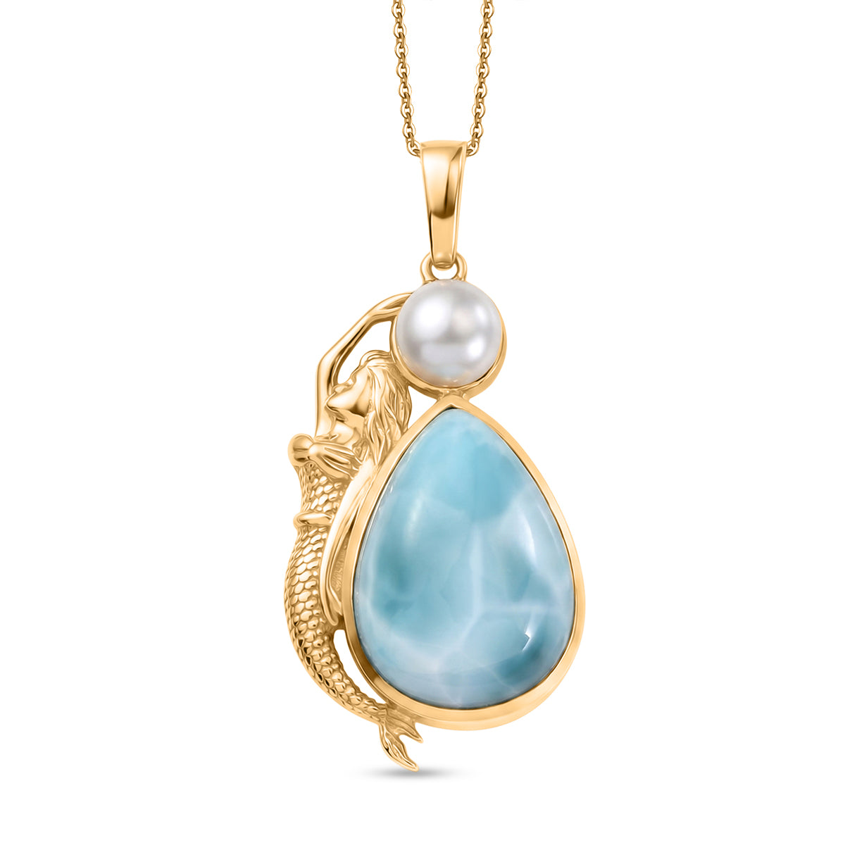 D'Joy AA Larimar, Süßwasser Perle (6mm) Anhänger mit Kette, ca. 50 cm 925 Silber 750 Gelbgold vermeil 14.27 ct