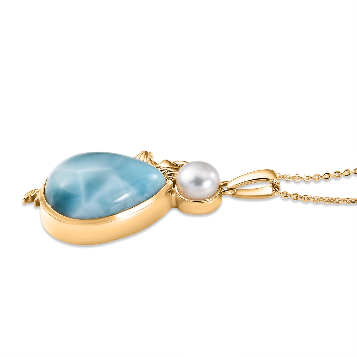 D'Joy AA Larimar, Süßwasser Perle (6mm) Anhänger mit Kette, ca. 50 cm 925 Silber 750 Gelbgold vermeil 14.27 ct