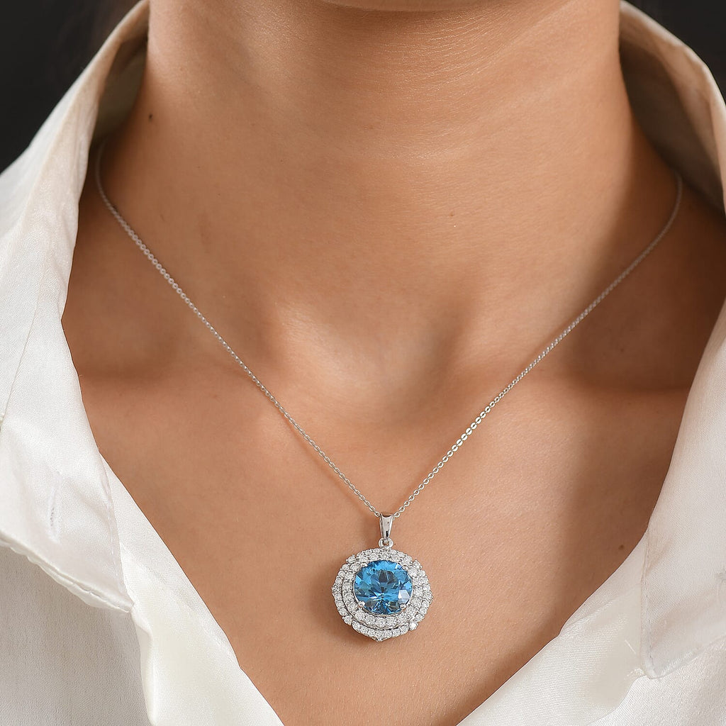 D'Joy AA Schweizer Blautopas, Moissanit AGI zertifiziert Schmuckset ca. 50 cm 925 Silber Rhodiniert ca. 7,82 ct.