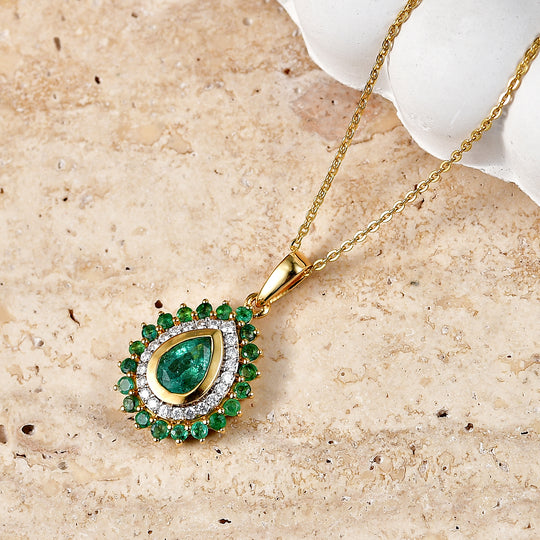 D'Joy AAA Kagem Sambischer Smaragd Schmuckset ca. 50 cm 925 Silber 750 Gelbgold vermeil ca. 1.12 ct