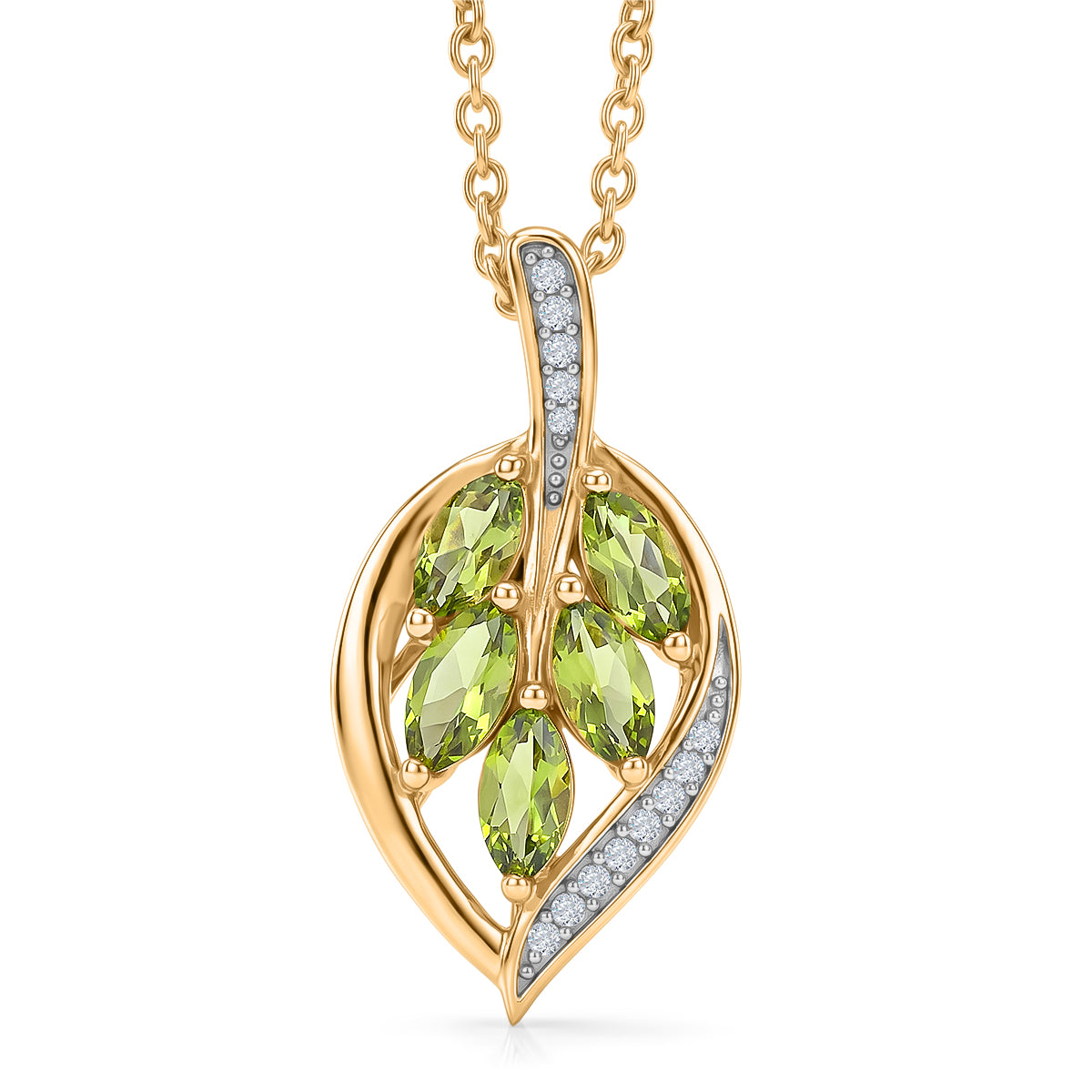 D'Joy AA Natürlicher Peridot, Weißer Zirkon Anhänger mit Kette, ca. 50 cm 925 Silber 750 Vergoldet und Edelstahl 750 Vergoldet ca. 1.38 ct