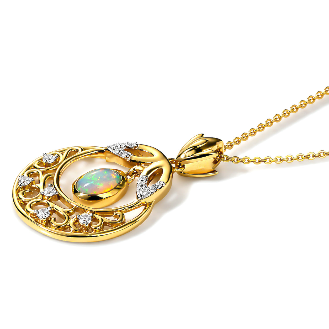 D'Joy AA Natürlicher, äthiopischer Welo Opal, Weißer Zirkon Schmuckset ca. 50 cm 925 Silber 585 Vergoldet ca. 0,71 ct.