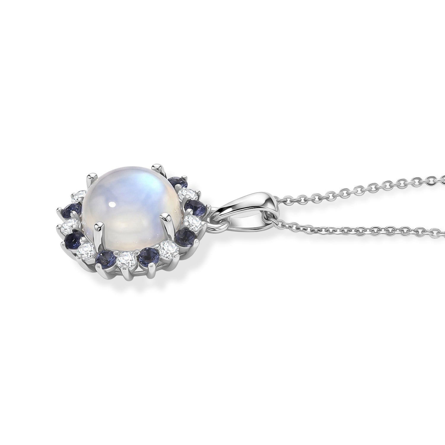 D'Joy Regenbogen Mondstein, Weißer Zirkon Schmuckset ca. 50 cm 925 Silber Rhodiniert ca. 5,31 ct.