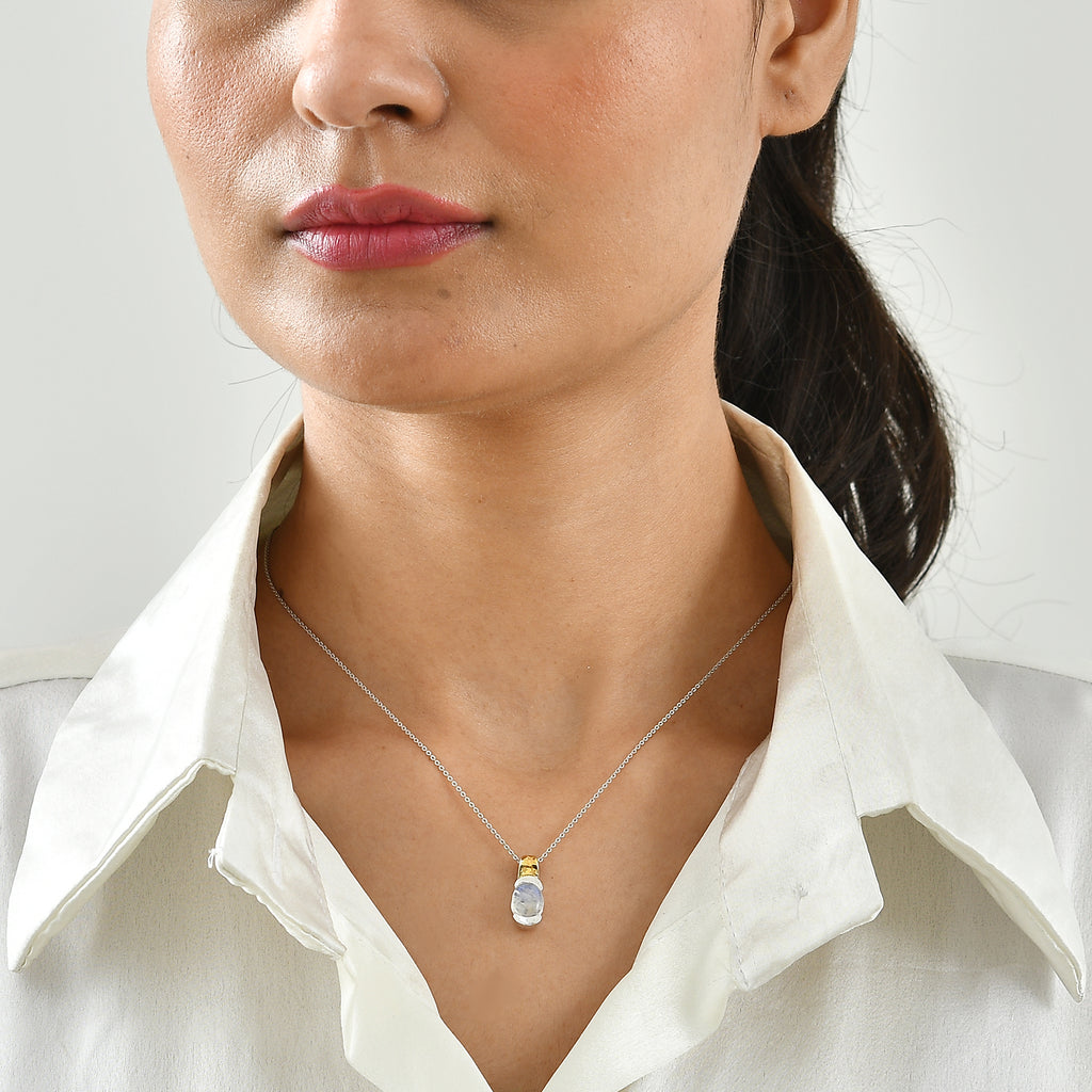 D'Joy Regenbogen Mondstein Schmuckset ca. 50 cm 925 Silber Gold, 925 Silber Platiniert und vergoldet ca. 2,17 ct.