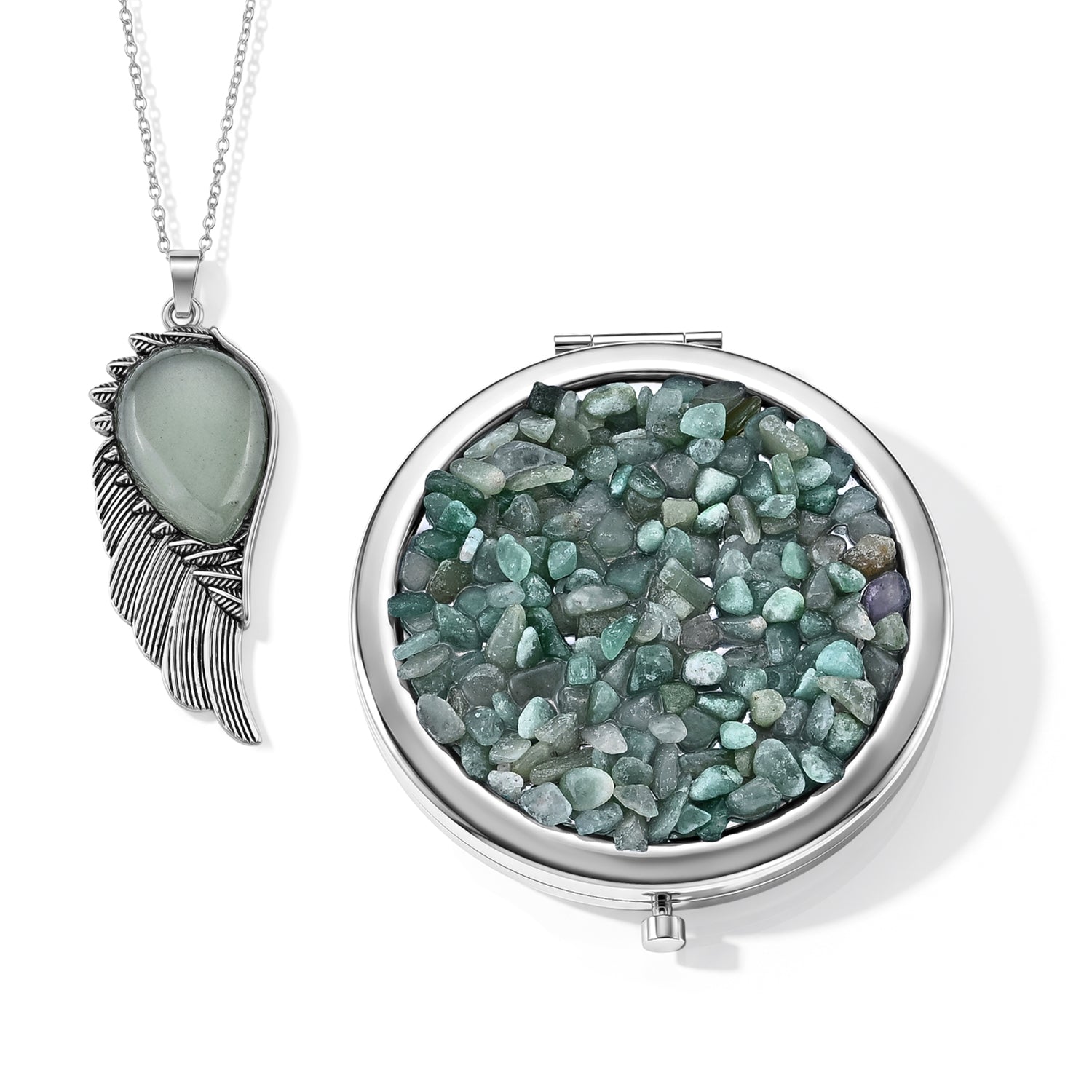 Grüner Aventurin Anhänger mit 50+5cm Edelstahl Kette und Taschenspiegel, Legierung - 45 ct.