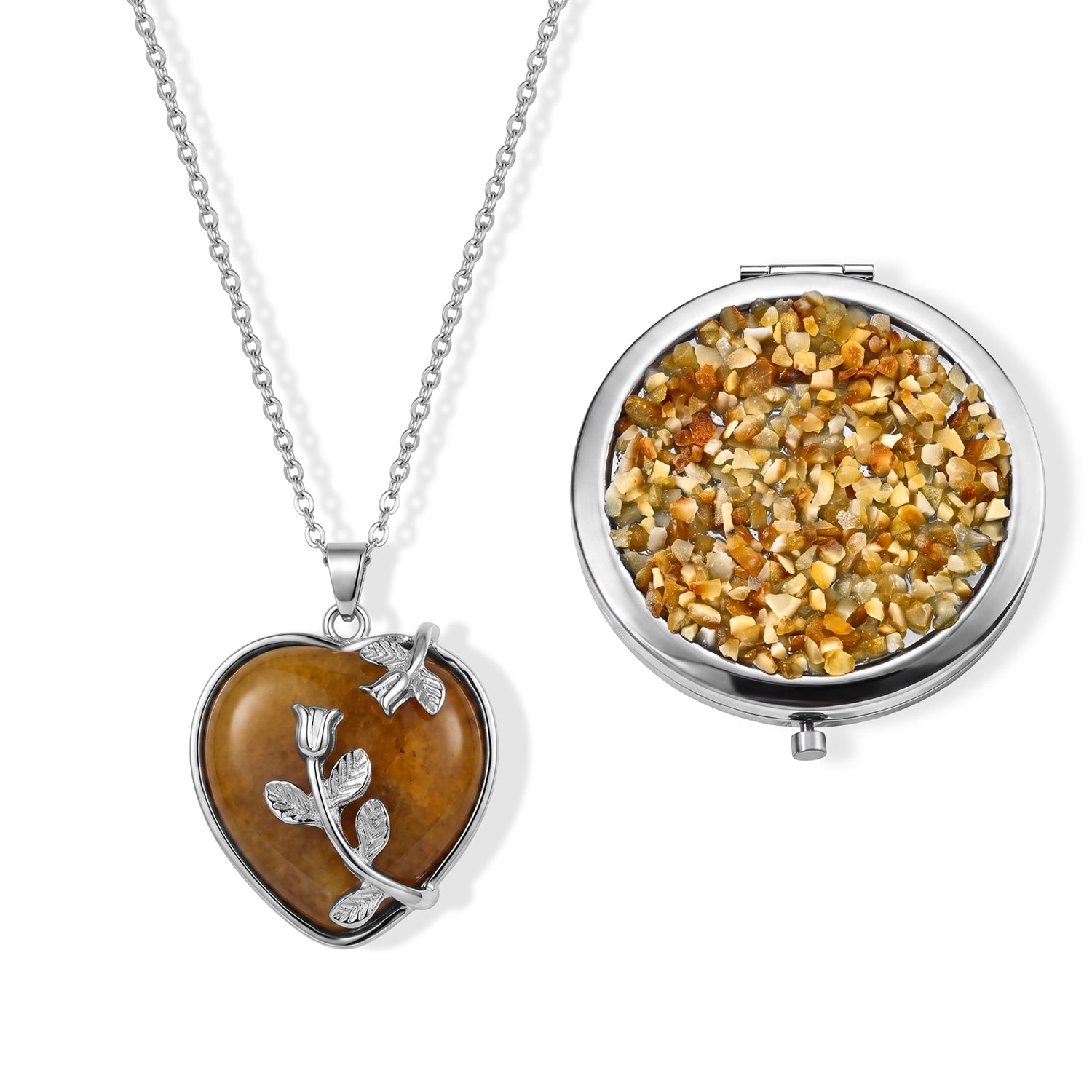 Gelber Quarzit Anhänger mit 50+5cm Edelstahl Kette und Taschenspiegel, Legierung - 80 ct.