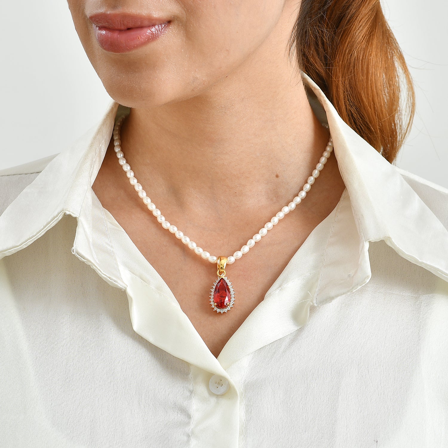 D'Joy Rubin Feuer Triplett Quarz, Zirkon und Perle Anhänger mit 50cm Kette, 925 Silber 750 Gelbgold Vermeil