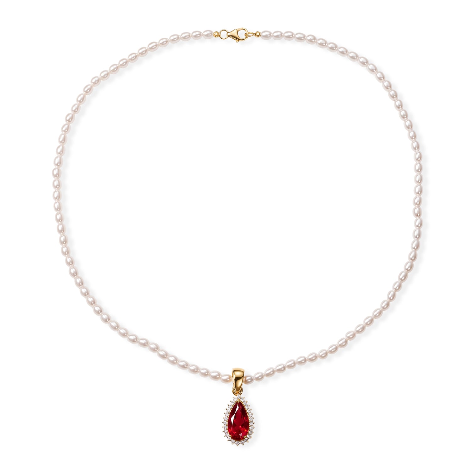 D'Joy Rubin Feuer Triplett Quarz, Zirkon und Perle Anhänger mit 50cm Kette, 925 Silber 750 Gelbgold Vermeil