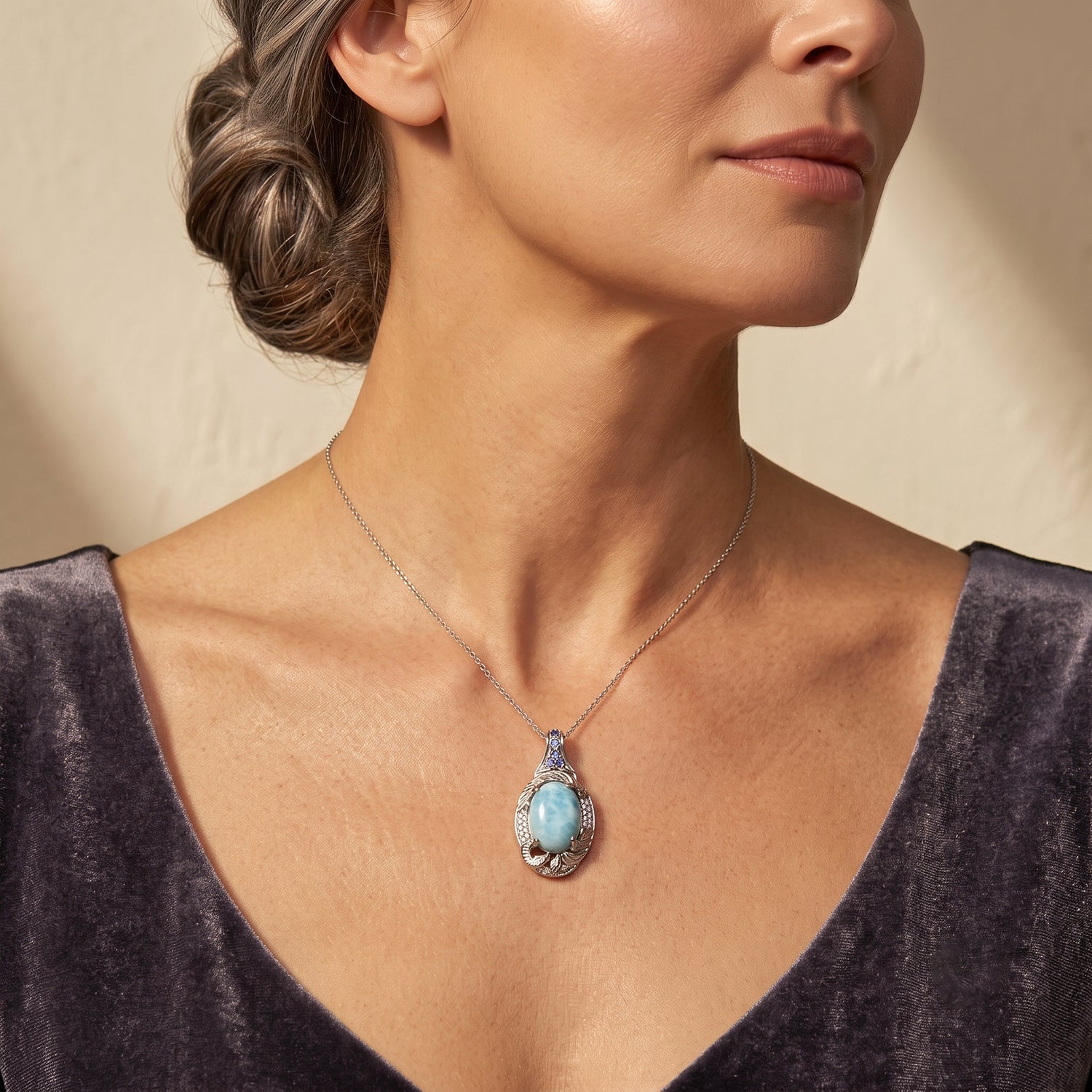 D'Joy AAA Larimar, Iolit Schmuckset ca. 50 cm 925 Silber Rhodiniert ca. 7,33 ct.