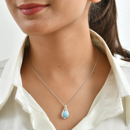 D'Joy AAA Larimar, Weißer Diamant Schmuckset ca. 50 cm 925 Silber Rhodiniert, 925 Silber Rhodiniert und 750 Gelbgold Vermeil ca. 3,34 ct.