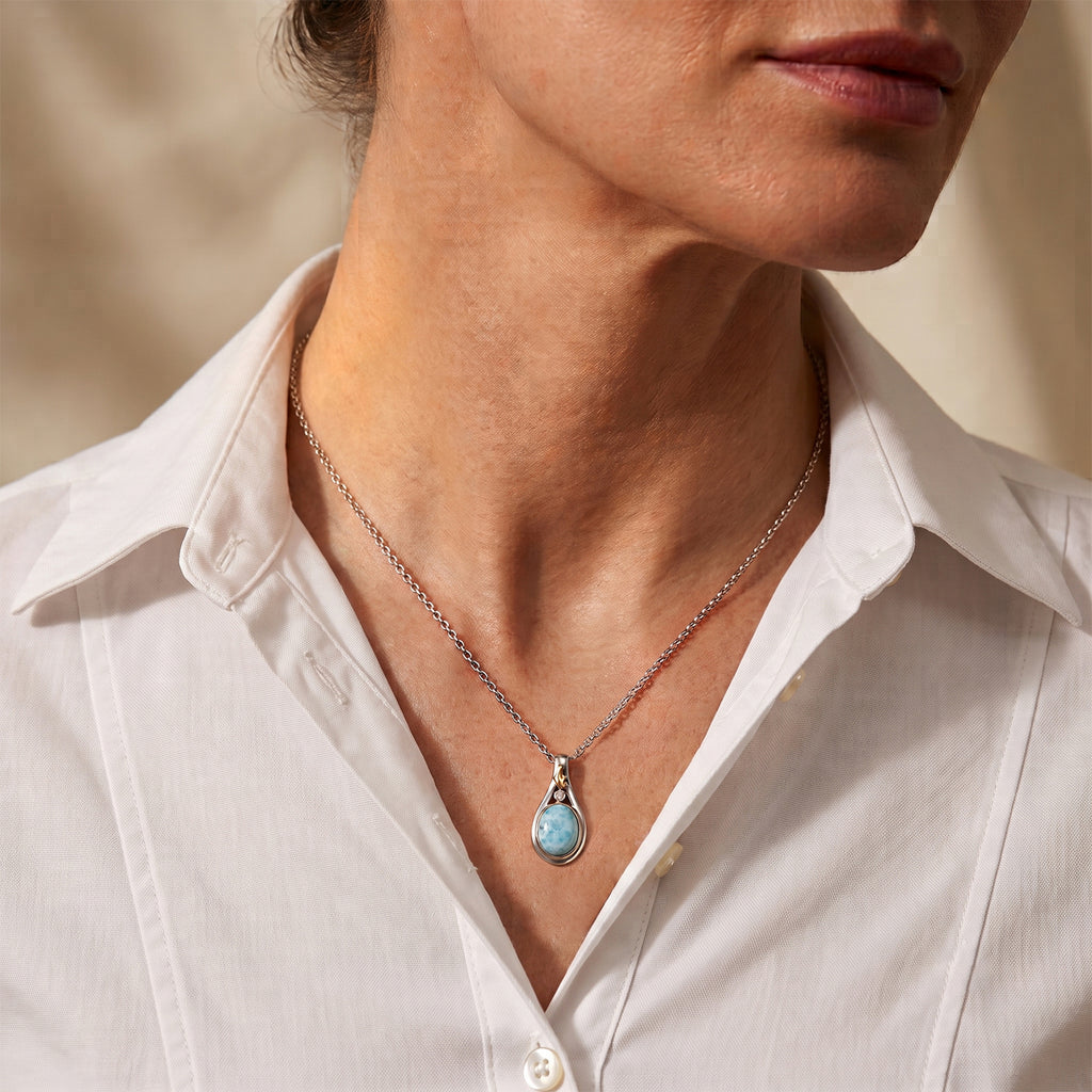 D'Joy AAA Larimar, Weißer Diamant Schmuckset ca. 50 cm 925 Silber Rhodiniert, 925 Silber Rhodiniert und 750 Gelbgold Vermeil ca. 3,34 ct.