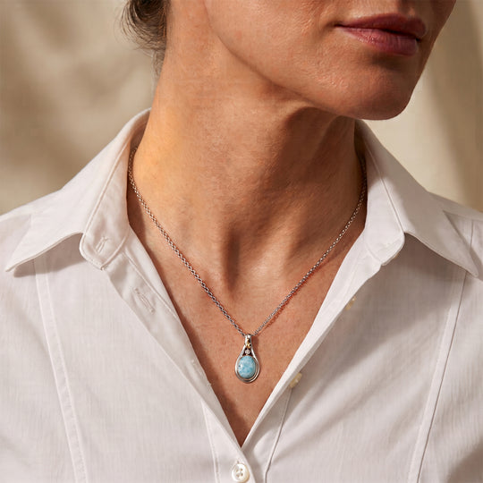 D'Joy AAA Larimar, Weißer Diamant Schmuckset ca. 50 cm 925 Silber Rhodiniert, 925 Silber Rhodiniert und 750 Gelbgold Vermeil ca. 3,34 ct.