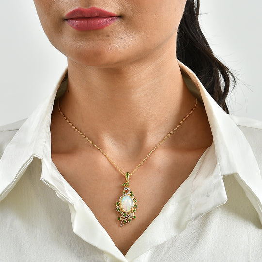 D'Joy AA natürlicher, äthiopischer Welo Opal, Chromdiopsid und schwarzer Spinell Anhänger mit 50cm Kette, 925 Silber 750 Gelbgold Vermeil - 4,72 ct.