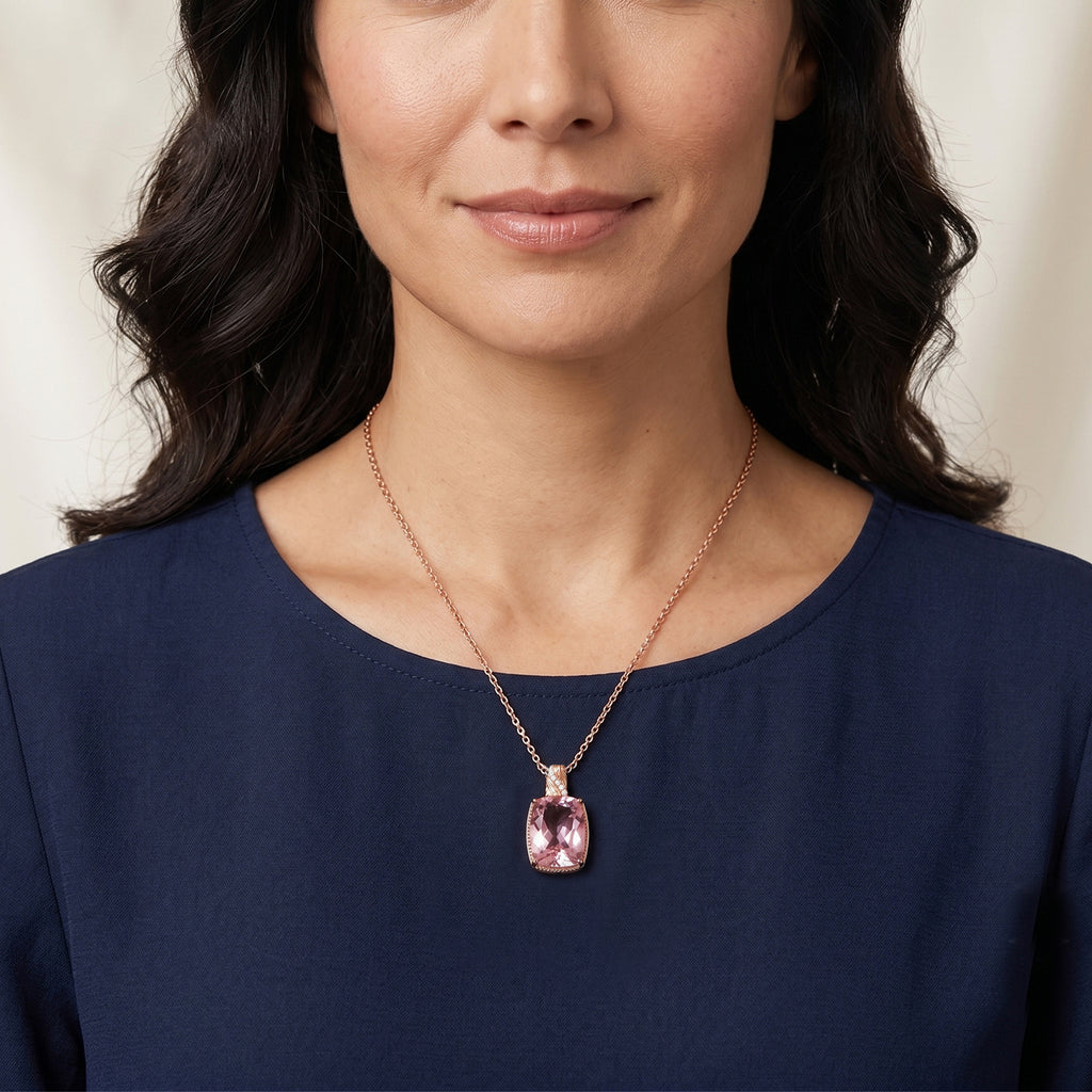 EverTrue AA Rose De France Amethyst und Zirkon Solitär-Stil Anhänger mit 50cm Edelstahl-Kette, 950 Kupfer mit Roségold-E-Beschichtung - 19,28 ct.