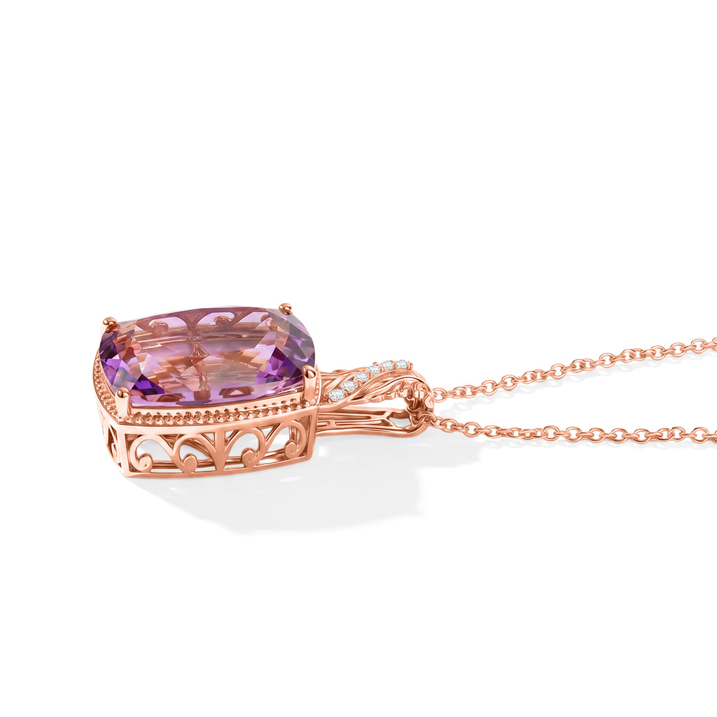 EverTrue AA Rose De France Amethyst und Zirkon Solitär-Stil Anhänger mit 50cm Edelstahl-Kette, 950 Kupfer mit Roségold-E-Beschichtung - 19,28 ct.
